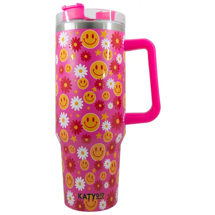Katydid Red Flower Happy Face Stainless Steel Tumbler Cup