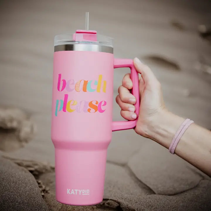 Katydid Light Pink Beach Please Tumbler Cup w/ Handle