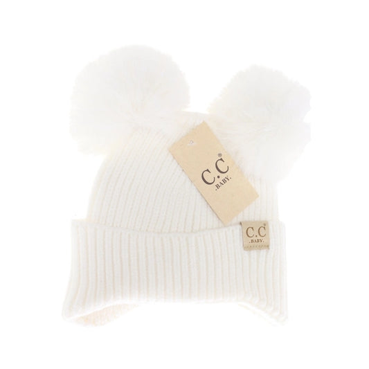 C.C Baby Ear Flap Double Pom Beanie Ivory