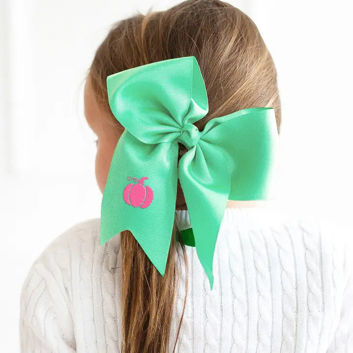 Viv & Lou Girls Pink Pumpkin Light Green Hair Bow