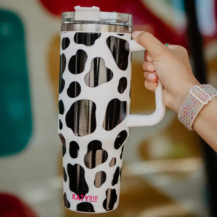 Katydid Black/White Cow Print Tumbler Cup with Handle