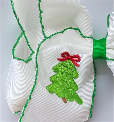 5" Christmas Tree Embroidered Green Moon Stitch Bow