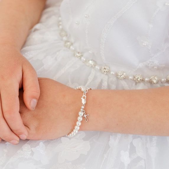 Girls Silver Pearl Baby Baptism Bracelet - Lacey