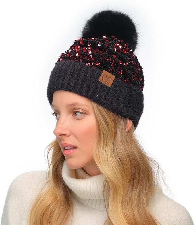 Womens Cluster Sequin Faux Fur Pom C.C Beanie Red/Black