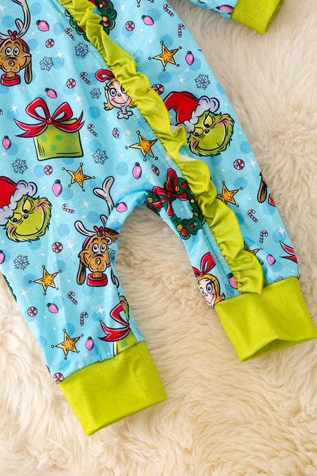 Girls Christmas Grinch Baby Onesie With Ruffle Trim