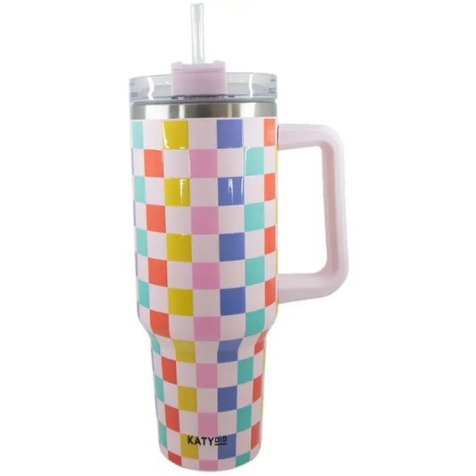 Katydid Multicolored Checkered Tumbler With Handle