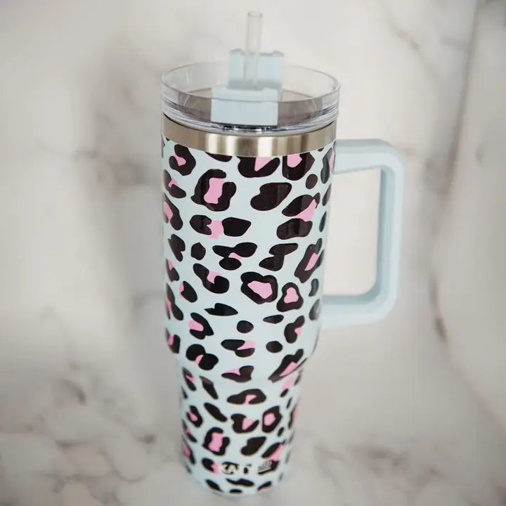 Katydid Blue Leopard Tumbler Cup with Handle