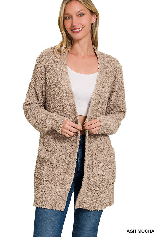 Womens Zenana Ash Mocha Long Sleeve Popcorn Sweater Cardigan With Pockets