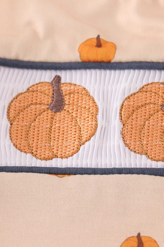 Boys Khaki Pumpkin Embroidery Smocked Jonjon