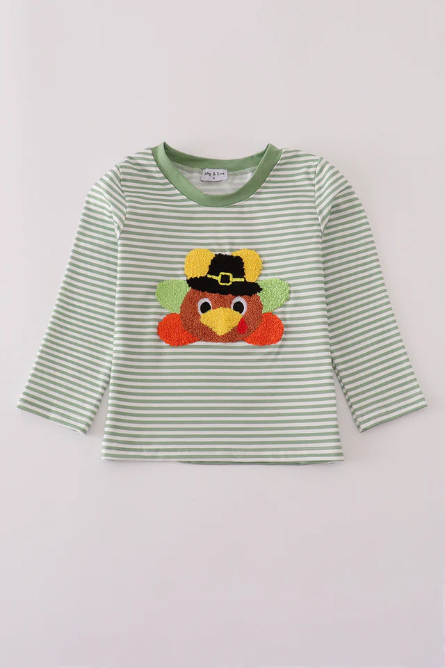 Boys Green Turkey French Knot Stripe Top