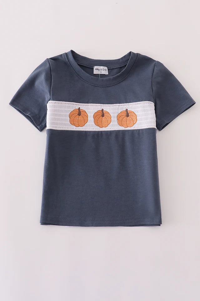 Boys Navy Pumpkin Embroidery Smocked Top