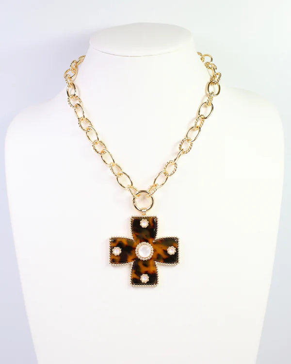 Caroline Hill Cayce Large Cross Charm Necklace Tortoise