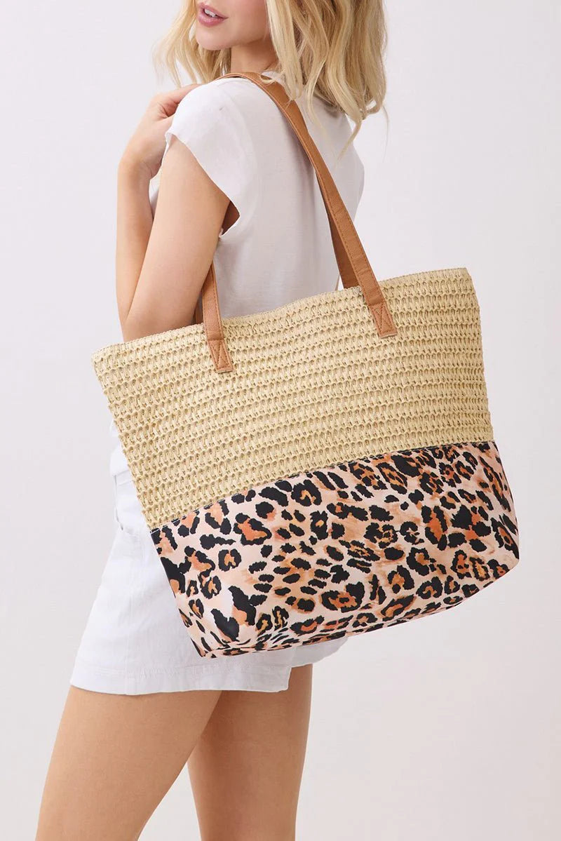 City to Coast Beige Straw and Leopard Tote Bag