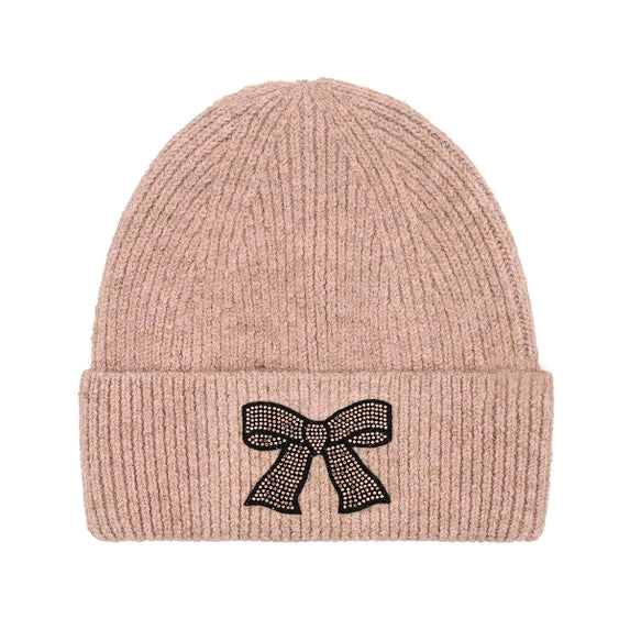 C.C Kids Rhinestone Ribbon Bow Embellishment Beanie Dusty Rose