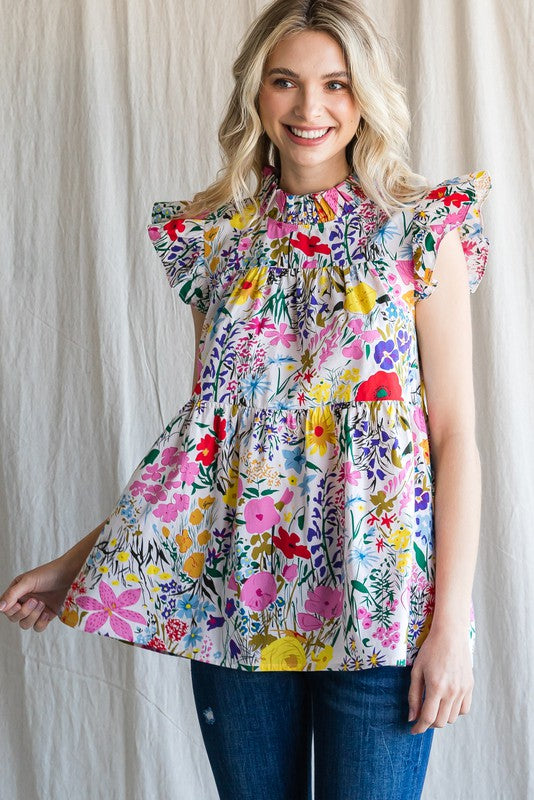 Womens Jodifl White Floral Print Cap Sleeve Peplum Top
