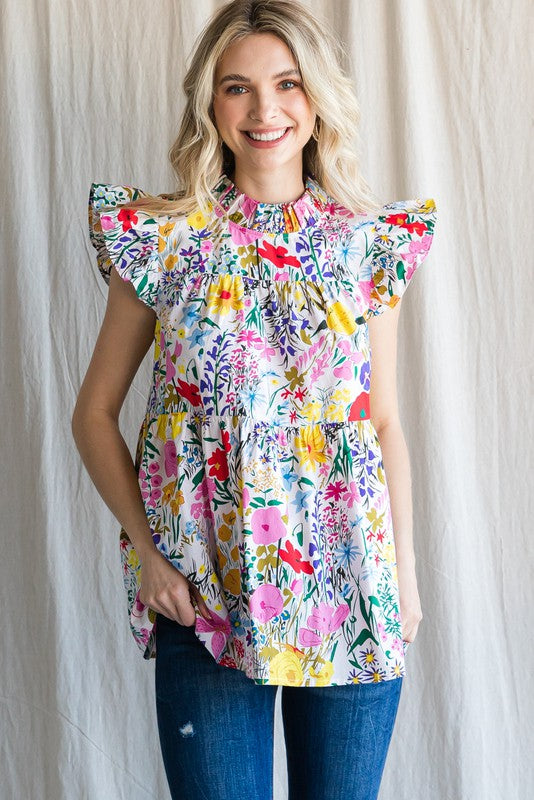 Womens Jodifl White Floral Print Cap Sleeve Peplum Top