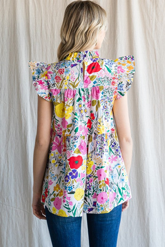 Womens Jodifl White Floral Print Cap Sleeve Peplum Top