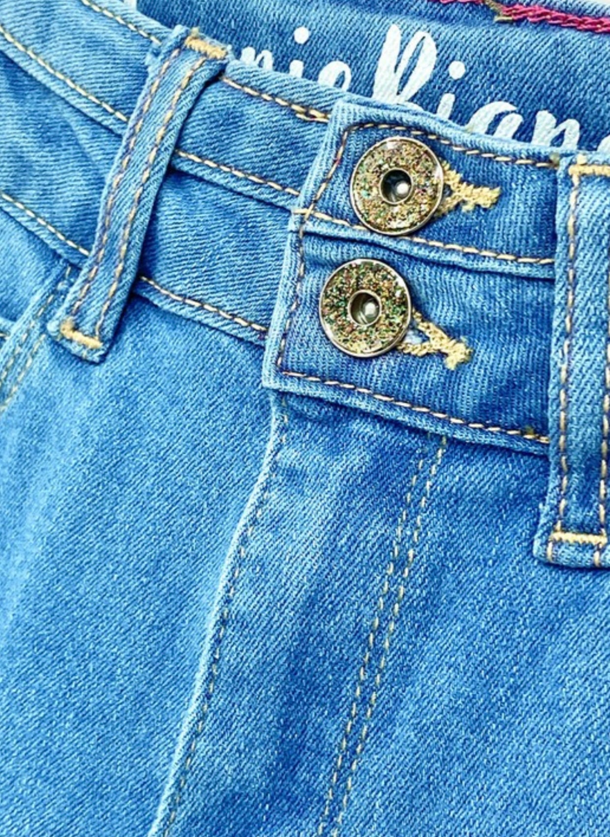 Girls Premium Wash Basic Fit Jeans with Glitter Double Button Medium Denim
