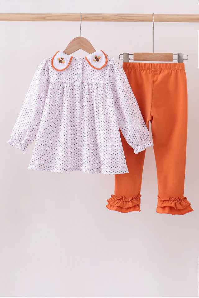 Girls Orange Turkey Embroidery Ruffle Pants Set