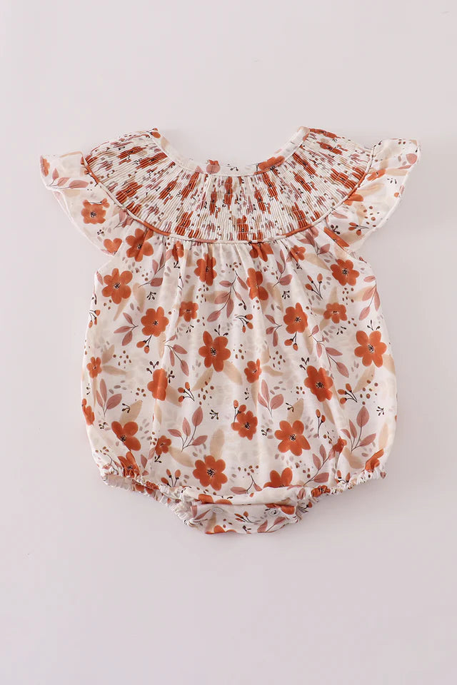 Girls Fall Floral Print Smocked Bubble