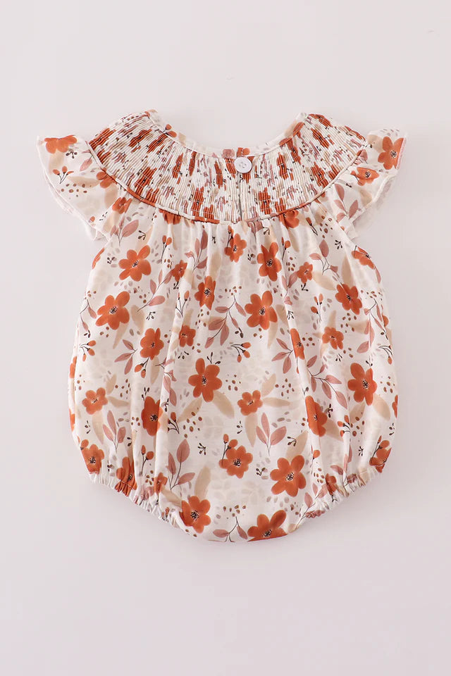 Girls Fall Floral Print Smocked Bubble