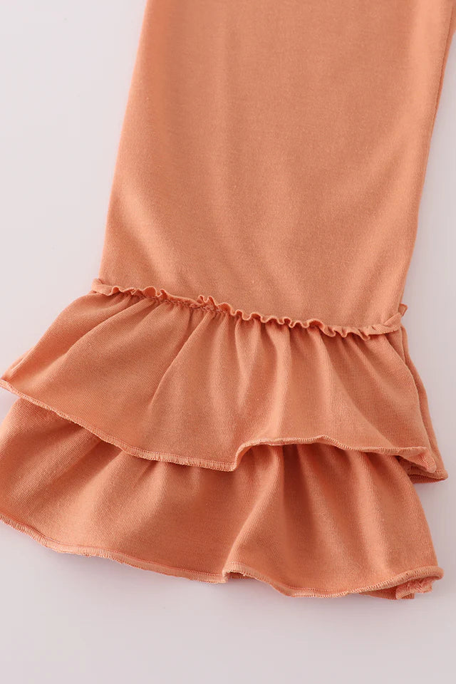 Girls Fall Floral Print Turkey Pumpkin Embroidery Ruffle Pants Set