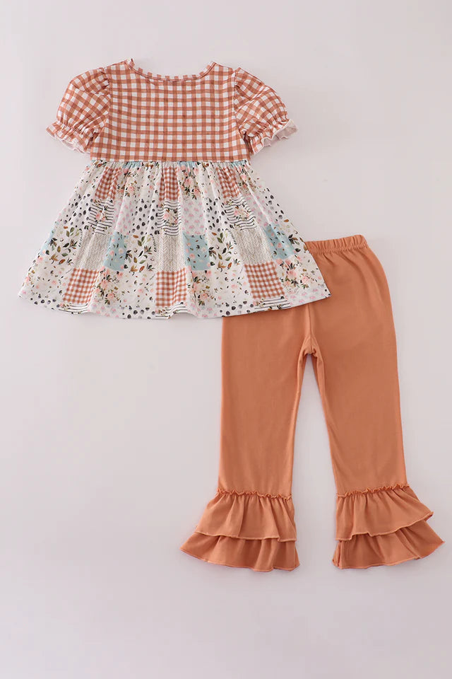 Girls Fall Floral Print Turkey Pumpkin Embroidery Ruffle Pants Set