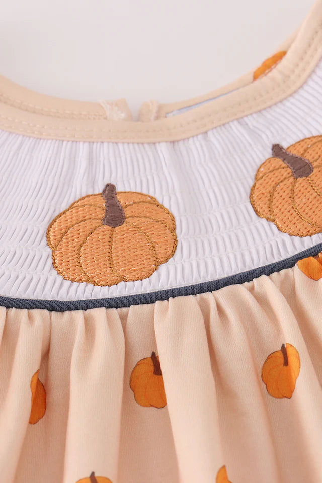 Girls Khaki Pumpkin Embroidery Smocked Ruffle Pants Set