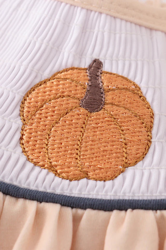 Girls Khaki Pumpkin Embroidery Smocked Ruffle Pants Set