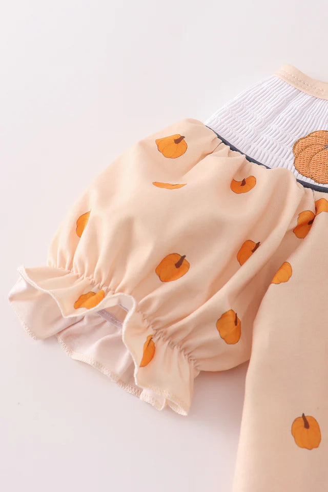 Girls Khaki Pumpkin Embroidery Smocked Ruffle Pants Set
