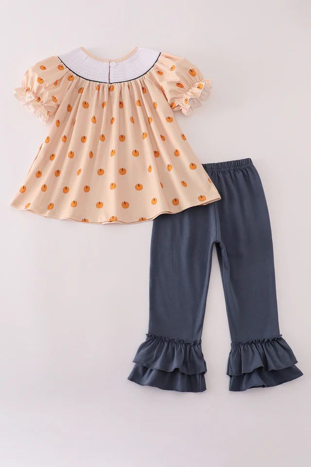 Girls Khaki Pumpkin Embroidery Smocked Ruffle Pants Set