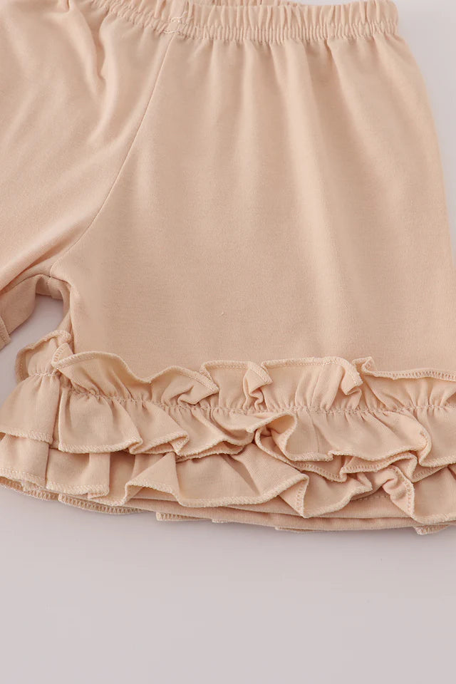 Girls Pumpkin Beige French Knot Ruffle Shorts Set