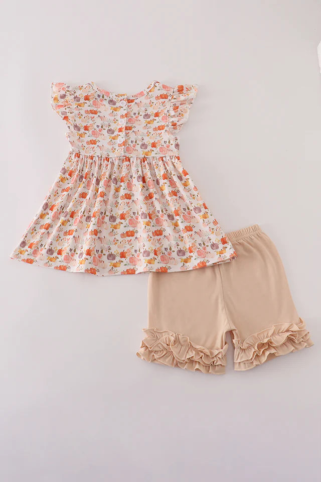 Girls Pumpkin Beige French Knot Ruffle Shorts Set