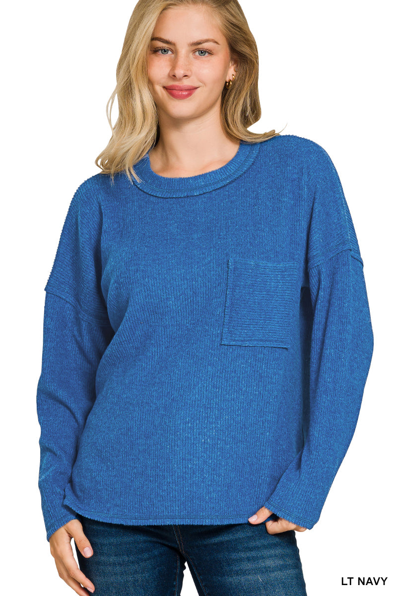Womens Zenana Lt. Navy Ribbed Brushed Melange Hacci Sweater With Pocket