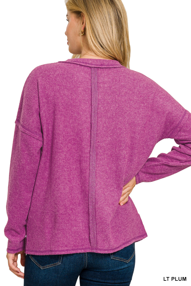 Womens Zenana Lt. Plum Ribbed Brushed Melange Hacci Sweater With Pocket