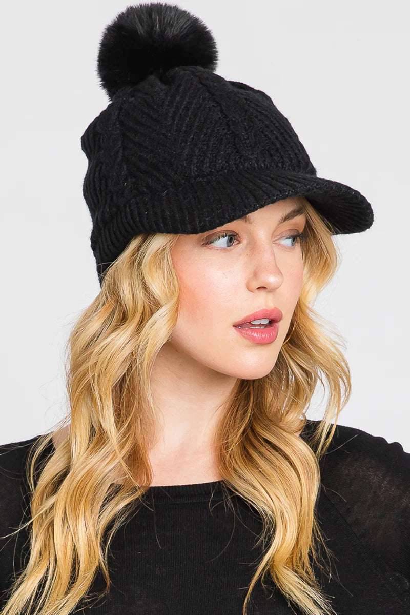 Womens Winter Hike Black Chevron Brimmed Pom Beanie