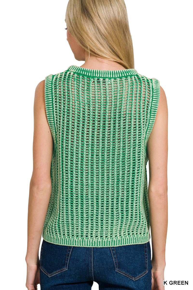 Womens Zenana Kelly Green Acid Washed Fishnet Sweater Vest