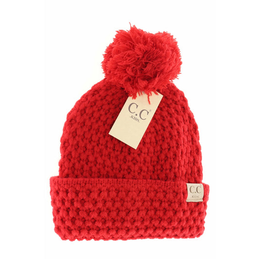 Kids C.C Bee Stitch Pattern Cuff Beanie With Knit Pom Red