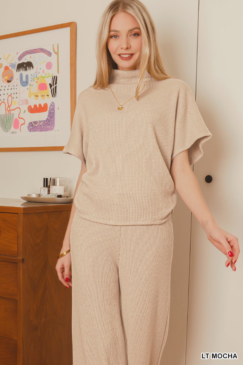 Womens Zenana Lt Mocha Sweater Mock Neck Short Sleeve Top & Long Pants Set