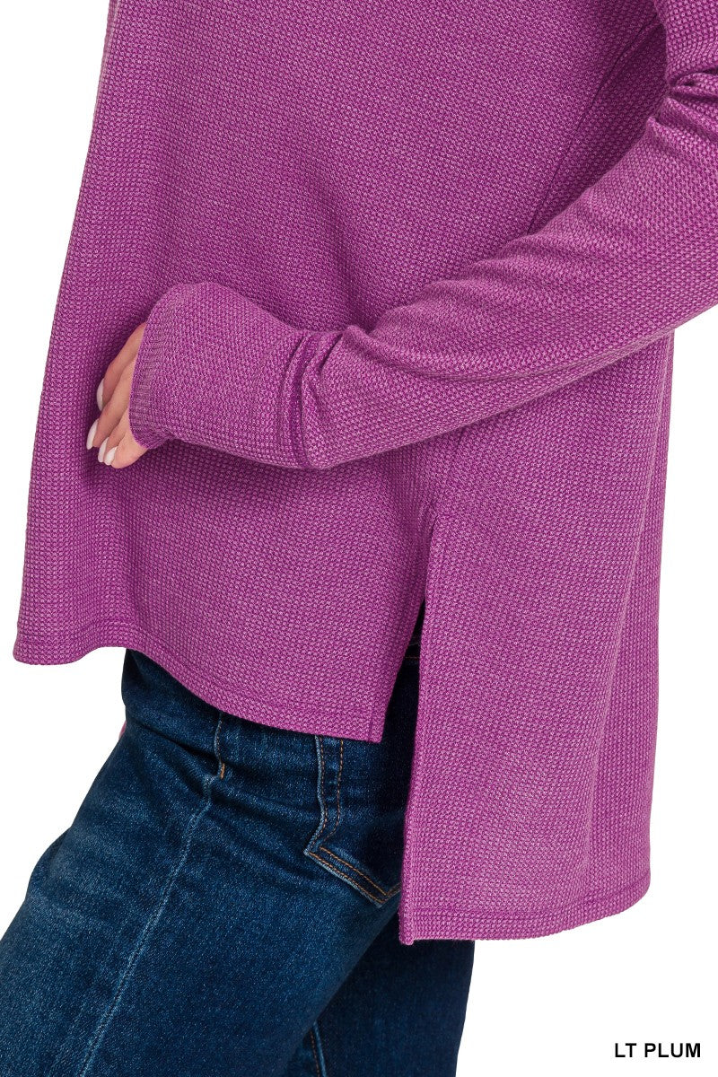 Womens Zenana Light Plum Waffle Thumb Hole Cuffs Henley Tee