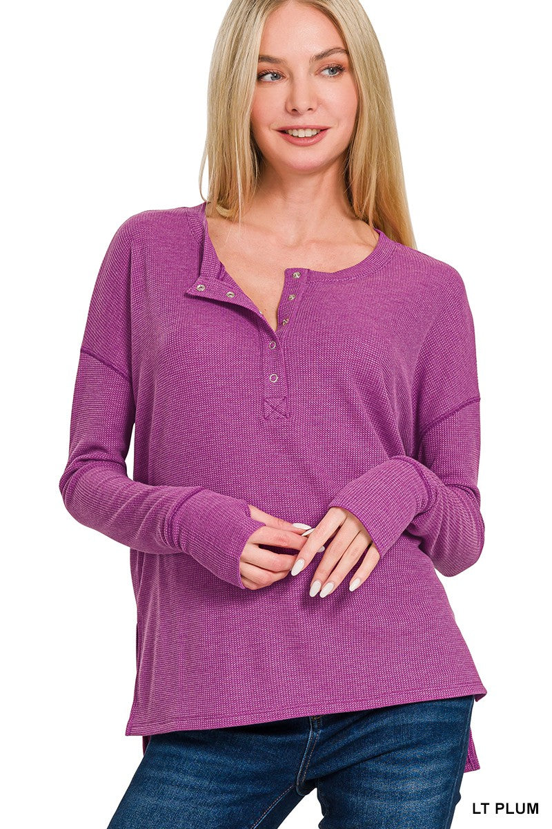 Womens Zenana Light Plum Waffle Thumb Hole Cuffs Henley Tee