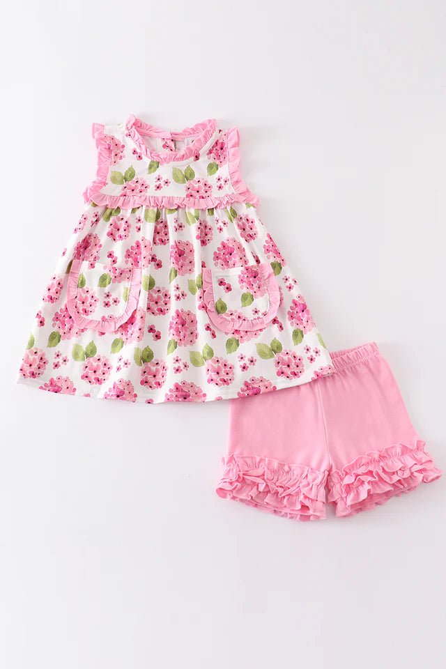 Girls Pink Floral Print Ruffle Set