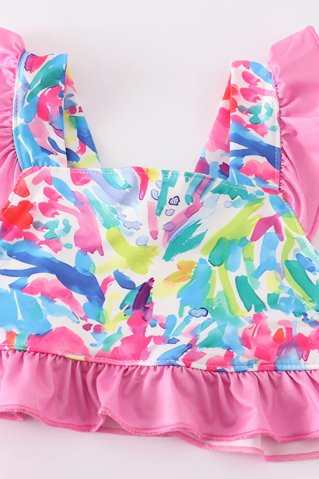 Girls Pink Floral Print Smocked 2PC Ruffle Swimsuit