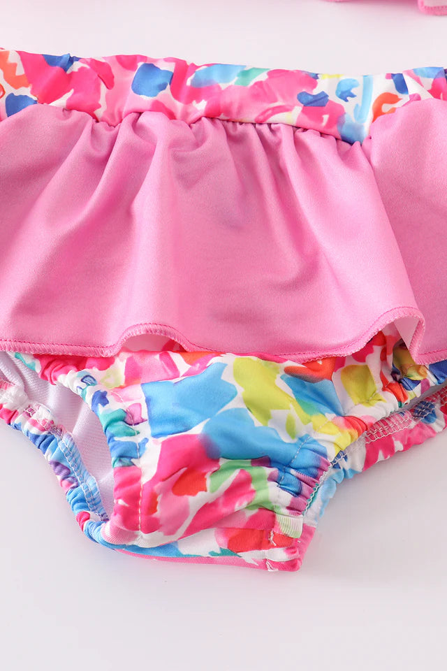 Girls Pink Floral Print Smocked 2PC Ruffle Swimsuit