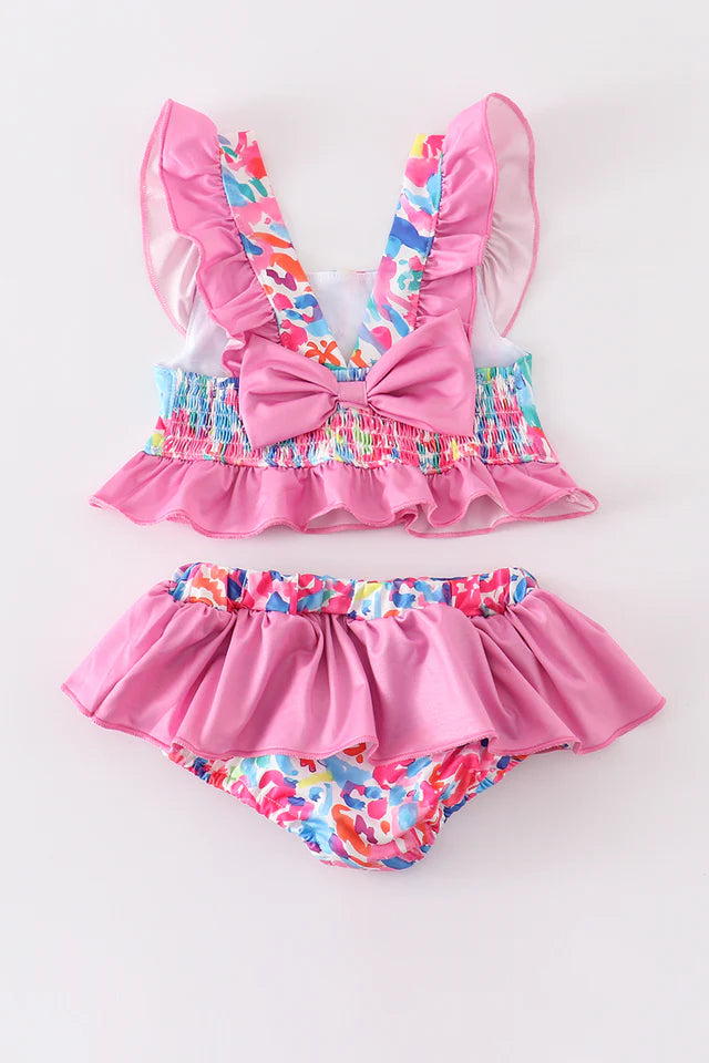 Girls Pink Floral Print Smocked 2PC Ruffle Swimsuit