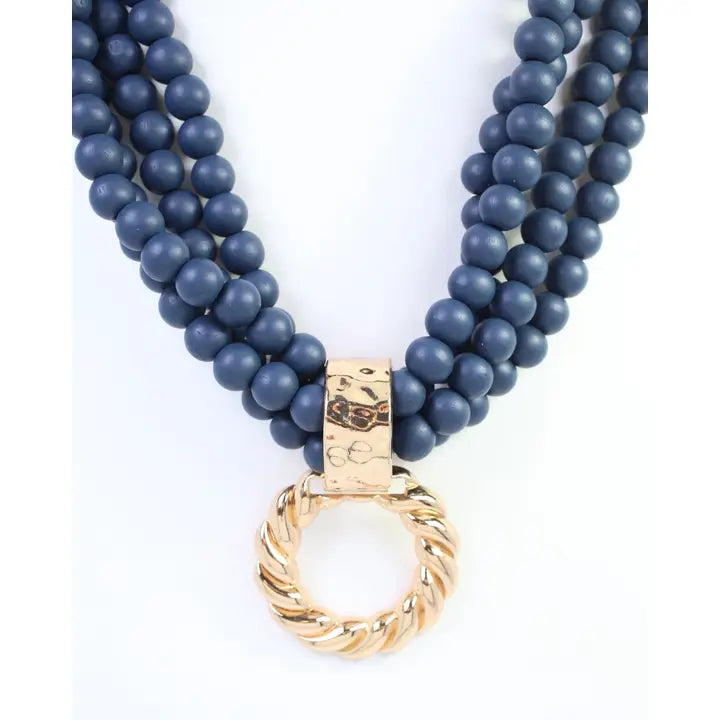 Caroline Hill Margaux Wooden Bead Layered Necklace with Pendant Navy