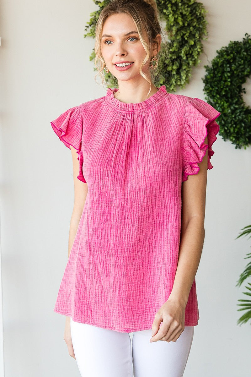 Womens Jodifl Pink Textured Light Washed Ruffle Cap Sleeve Top