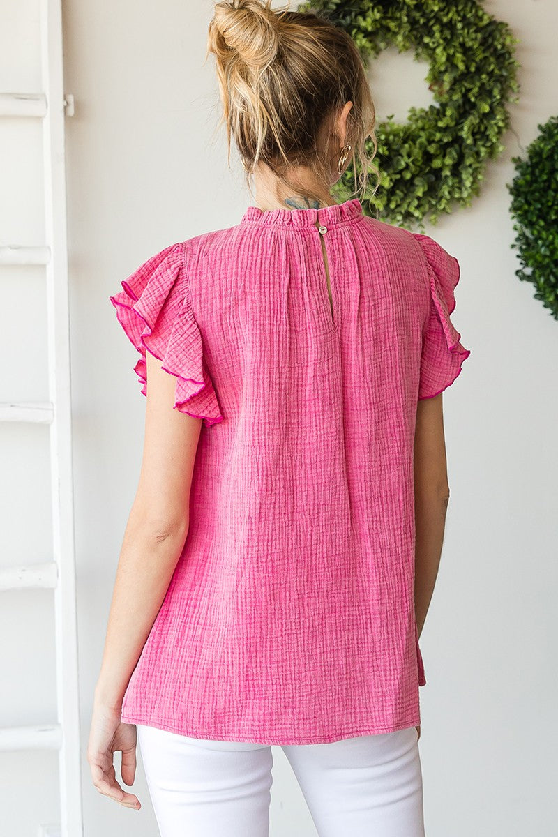 Womens Jodifl Pink Textured Light Washed Ruffle Cap Sleeve Top