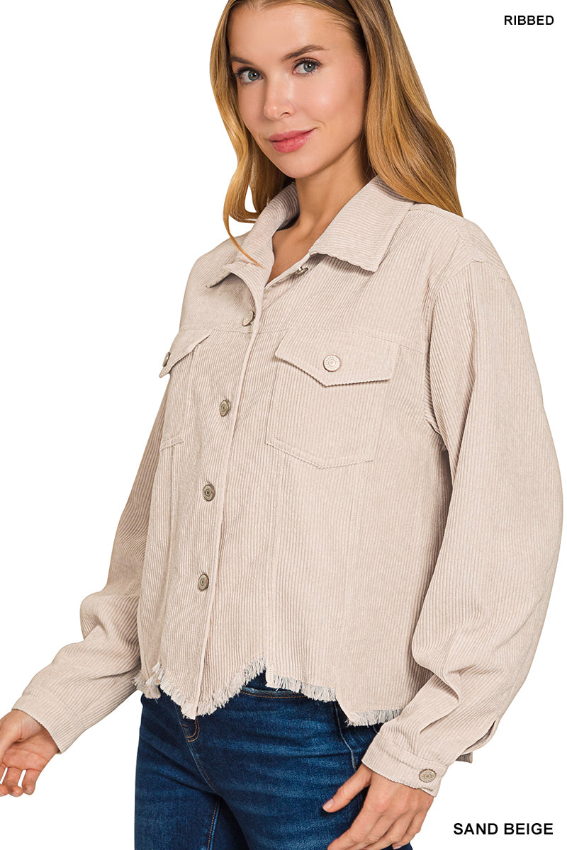Womens Zenana Sand Beige Distressed Corduroy Frayed Hem Cropped Jacket