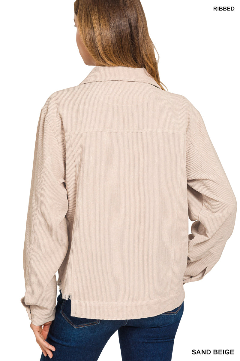 Womens Zenana Sand Beige Distressed Corduroy Frayed Hem Cropped Jacket